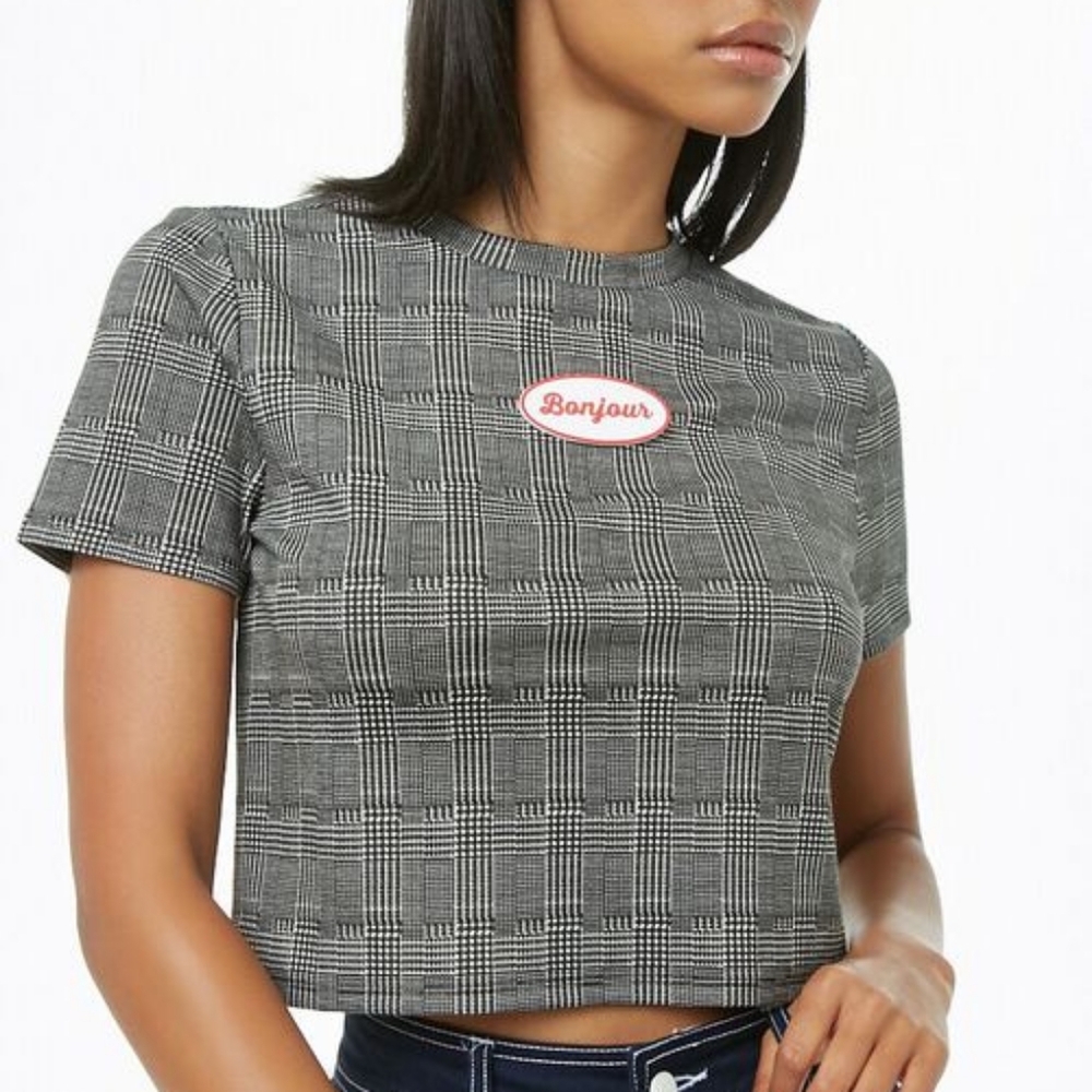 Bonjour Applique Glen Plaid Crop Top